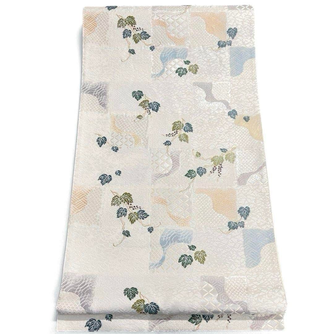 作家もの 袋帯 白地 市松模様 葡萄模様 七宝 鹿の子 着物 052a p