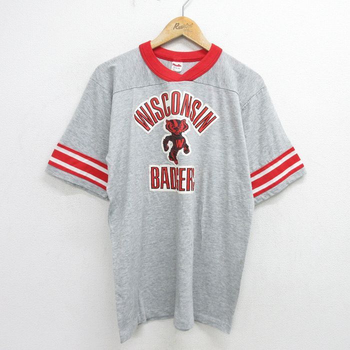L/古着 半袖 ビンテージ フットボール Tシャツ メンズ 80s ウィスコンシンバジャーズ Vネック グレー 霜降り 24aug01 中古