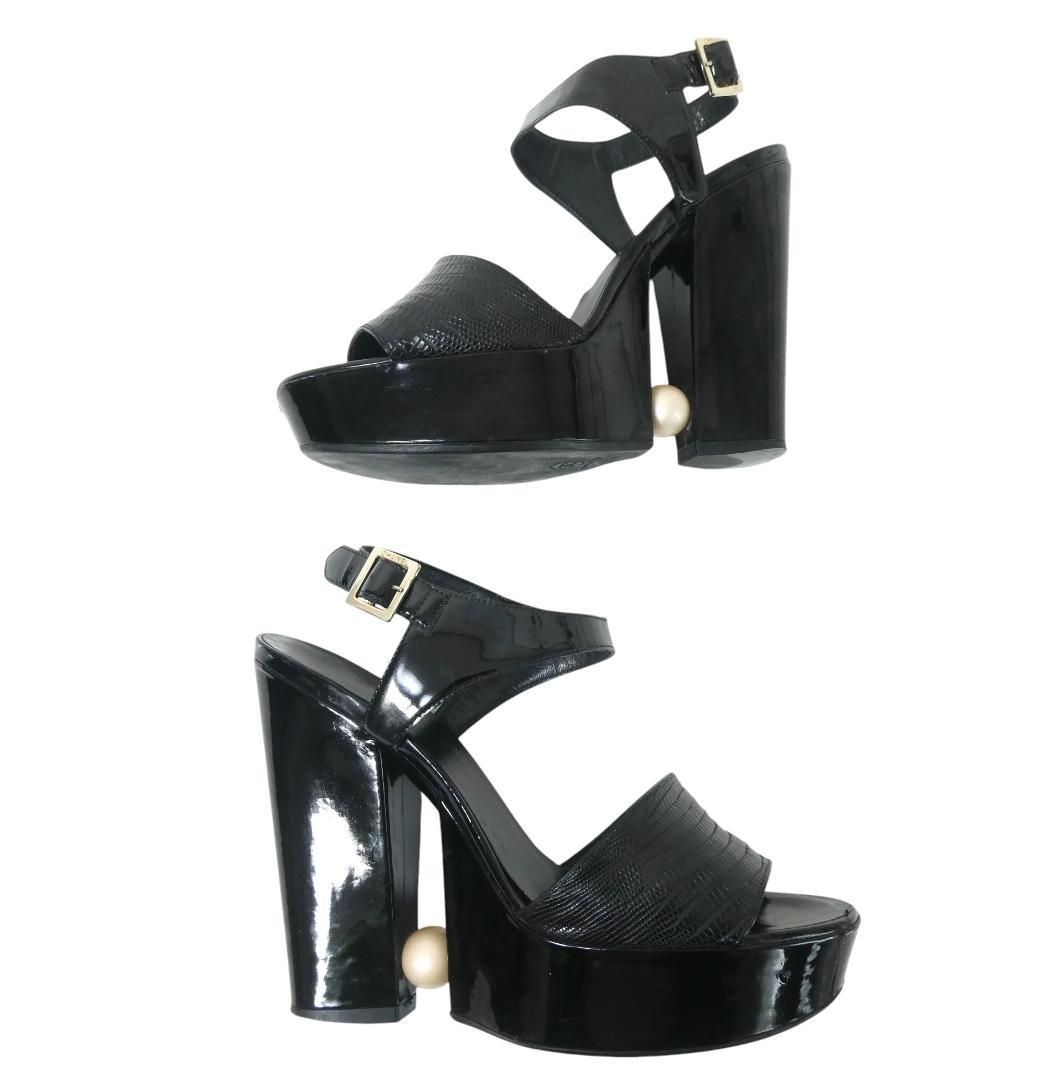 CHANEL ブラック エナメル ヒール　EU 38.5 CHANEL シャネル サイズ38.5 約25.5㎝ レザー×エナメル パイソン型押し