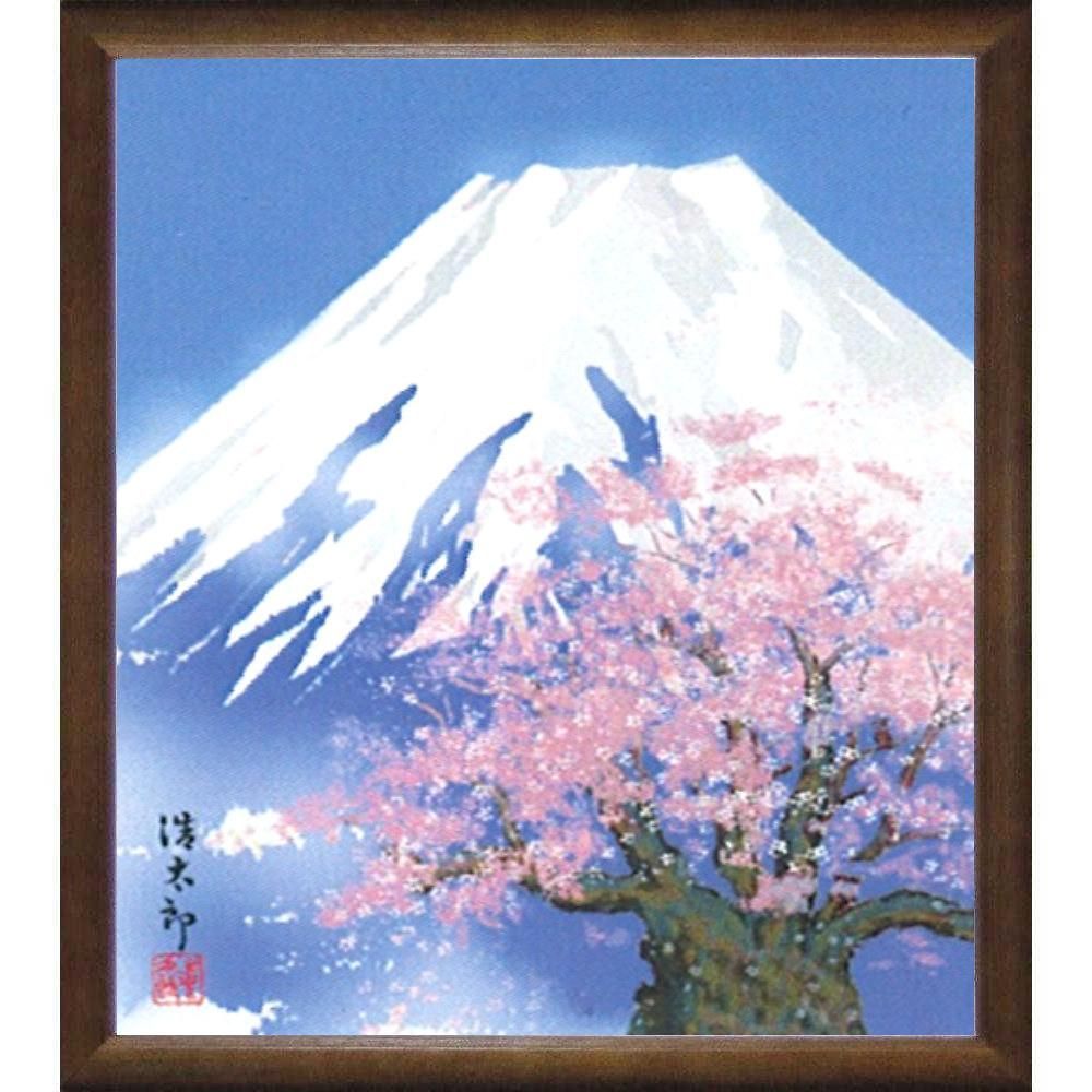 ☆ 吉岡浩太郎『白富士桜・色紙』ジクレー・風景画 富士山 桜満開 