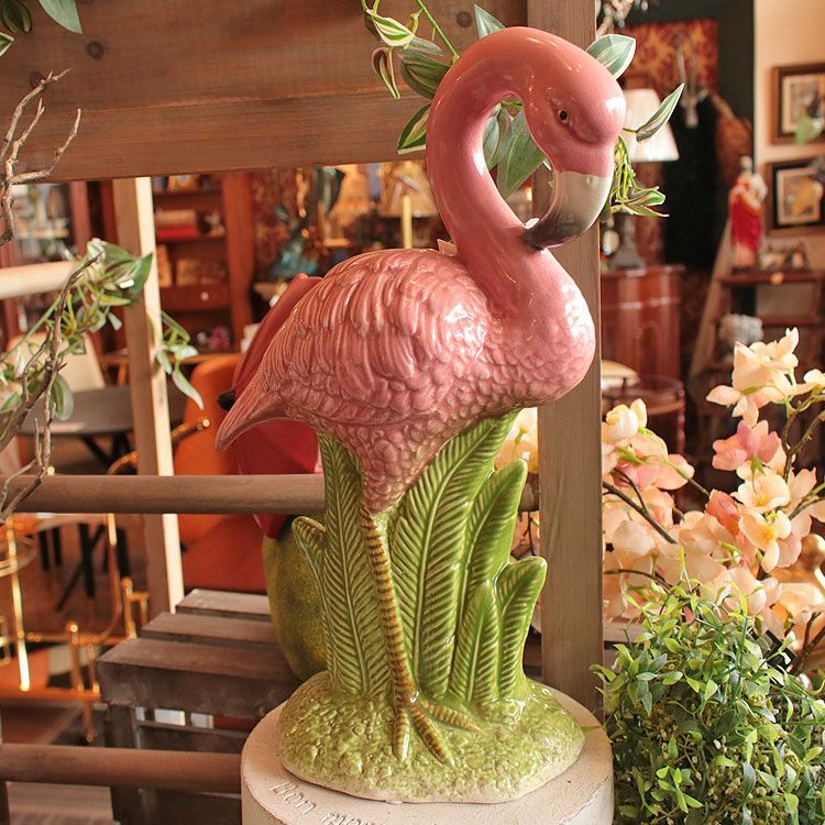 陶器製フラミンゴ 置物 アニマル オーナメント インテリア 鳥 ピンク