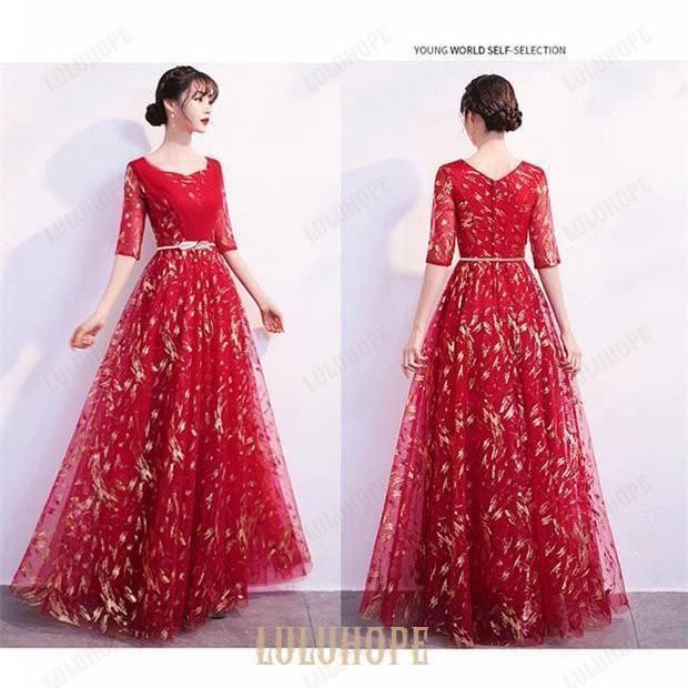 パーティードレス ロングドレス 演奏会 袖あり ドレス ラウンドネック 成人式 同窓会 カラオケドレス 大人 ピアノ 発表会 Aライン 結婚式 MAAHADDERANG_COM