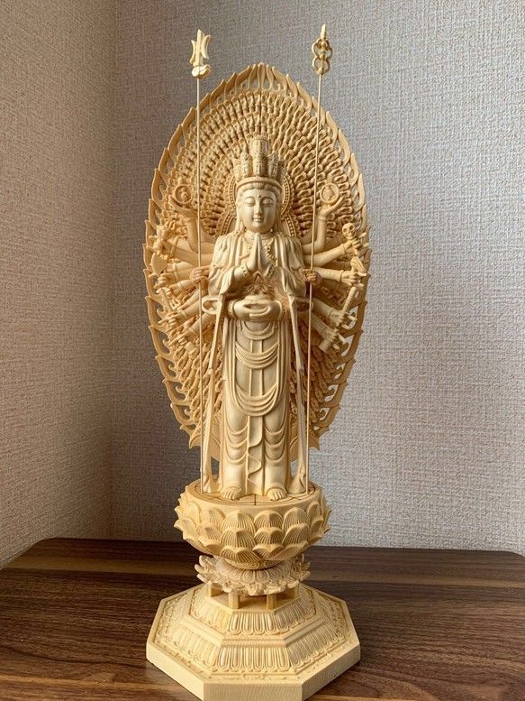 仏像 千手観音 千手観音像 檜木 木彫 仏具 (約)高43cm×幅14cm×奥行14cm 