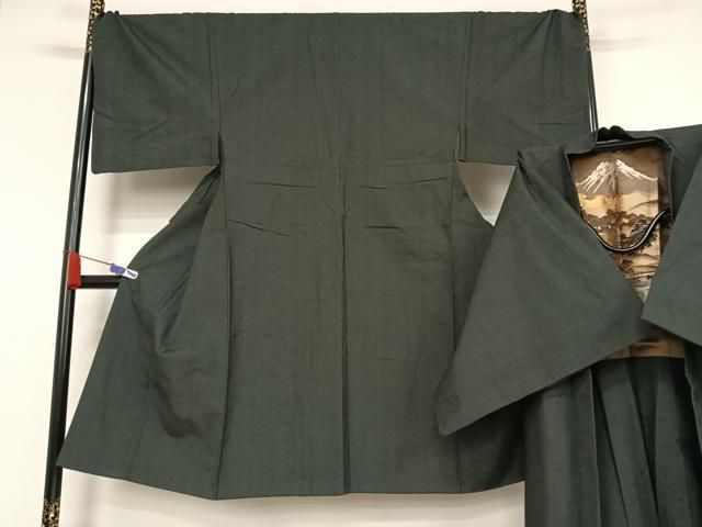 平和屋着物●男性 紬 アンサンブル 色無地 藍墨茶色 正絹 AABA5033np