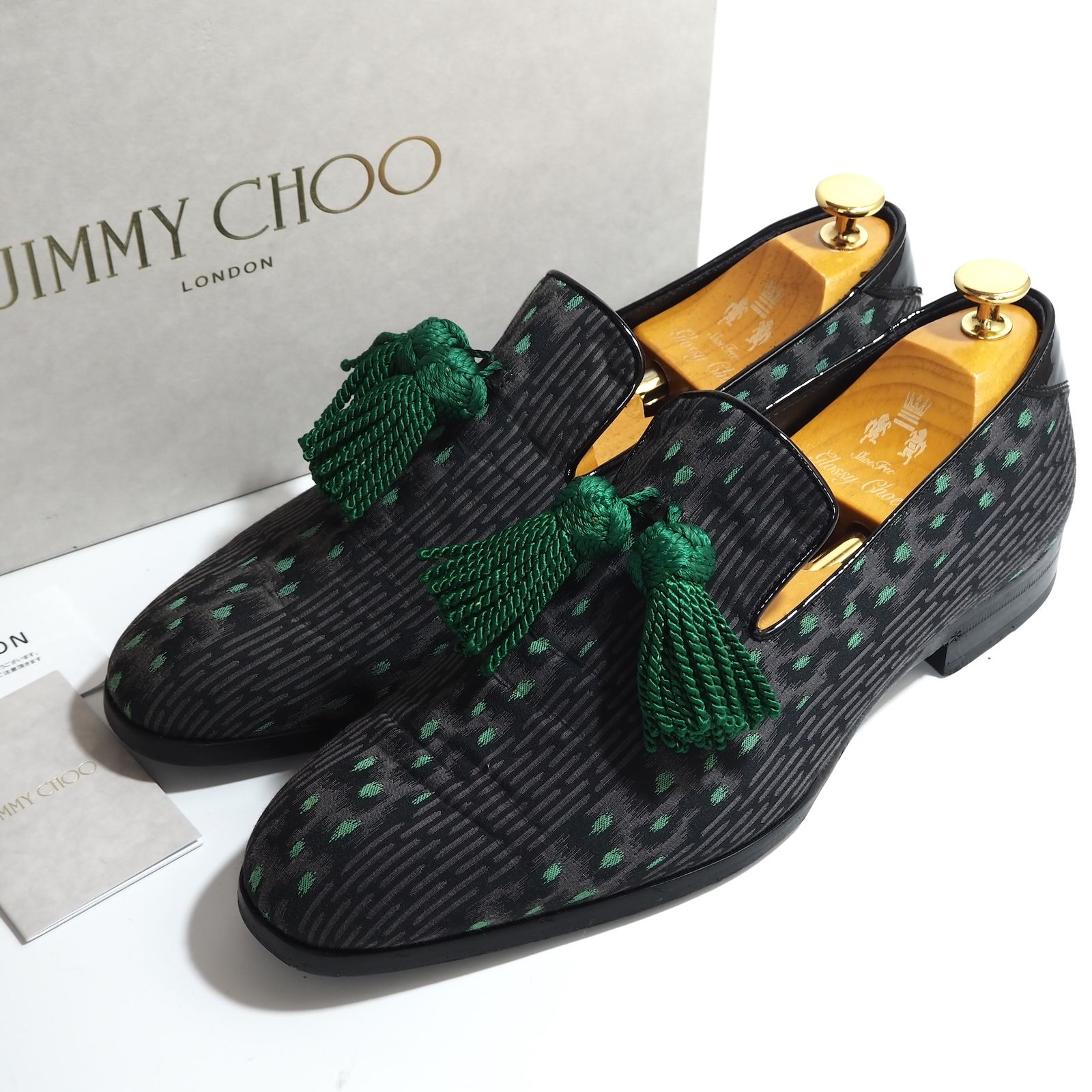 ジミーチュウ JIMMY CHOO Foxley 総柄 タッセルローファー 42 27cm相当 グレー グリーン メンズ 5-ZE034
