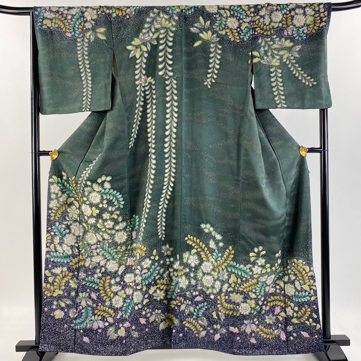訪問着 身丈160cm 裄丈68cm L 袷 辻が花 銀通し ぼかし 深緑 正絹 美品  