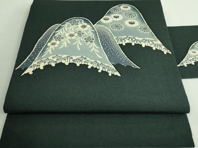 平和屋着物 上 九寸名古屋帯 型染め 重山花文 黒緑色地 DZAA9537kh5
