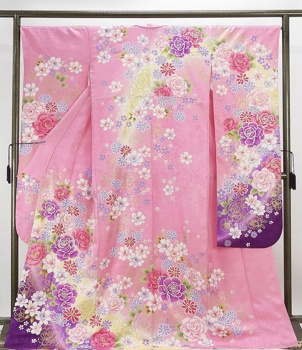 振袖 仕立済 正絹 薔薇桜模様 振袖 仕立て上がり 着物 e1023