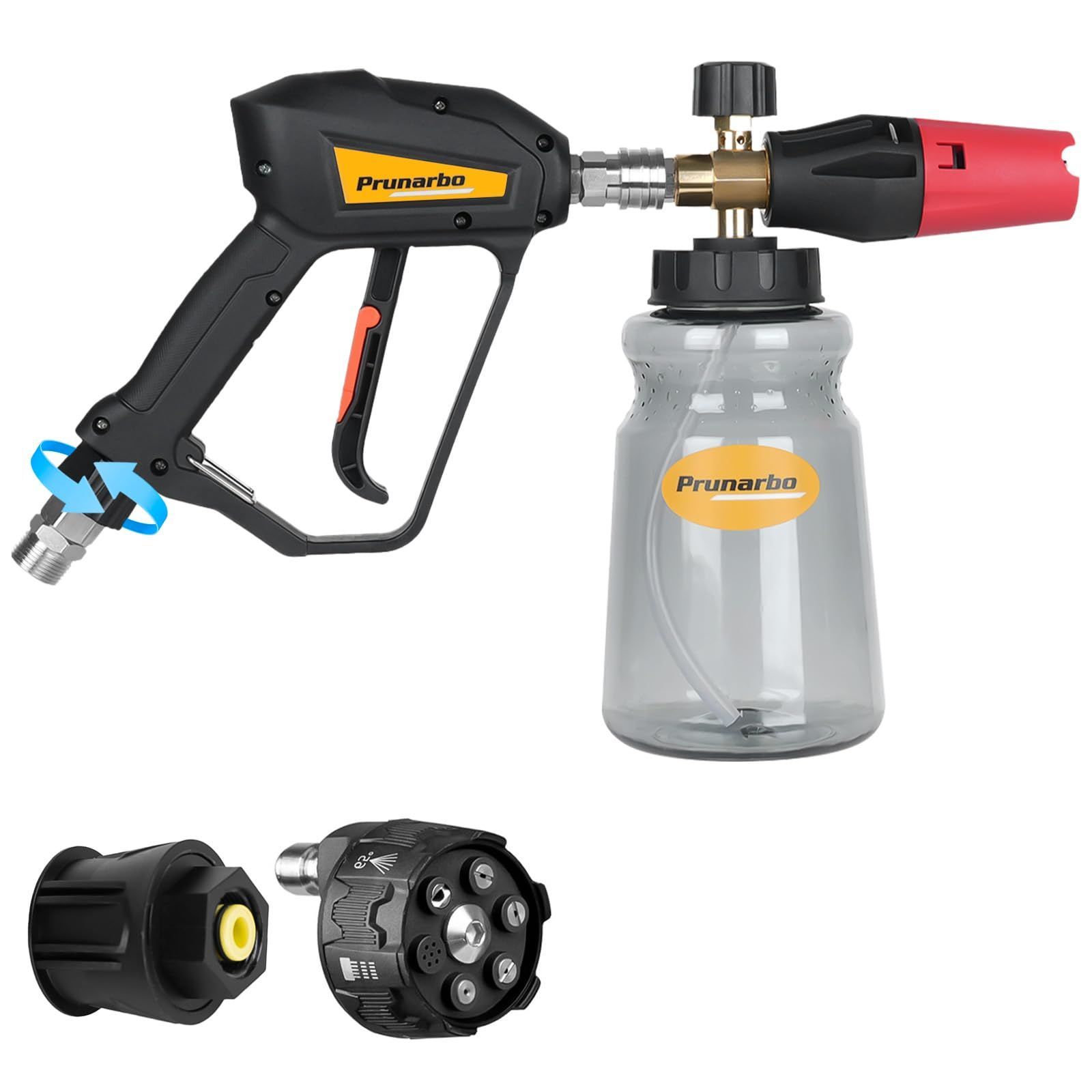 クイックコネクトアダプター ショートガン 5 1噴射ノズル ショートガン 0-65° 調節 ケルヒャー 1Lフォームキャノン付き 泡洗車 ステンレス製 高圧洗浄ショートガン 高圧洗浄機 ケルヒャー 軽量 ショートガン セット 洗車 洗車 洗床用 フォ