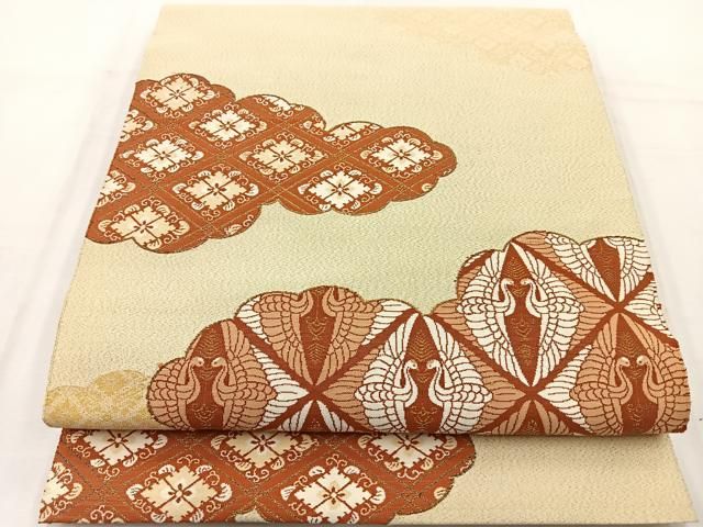 a666 正絹 明綴れ　刺繍　鶴　お太鼓柄袋帯 金糸 着物 a666 正絹 明綴れ 刺繍 鶴 お太鼓柄袋帯 金糸 着物
