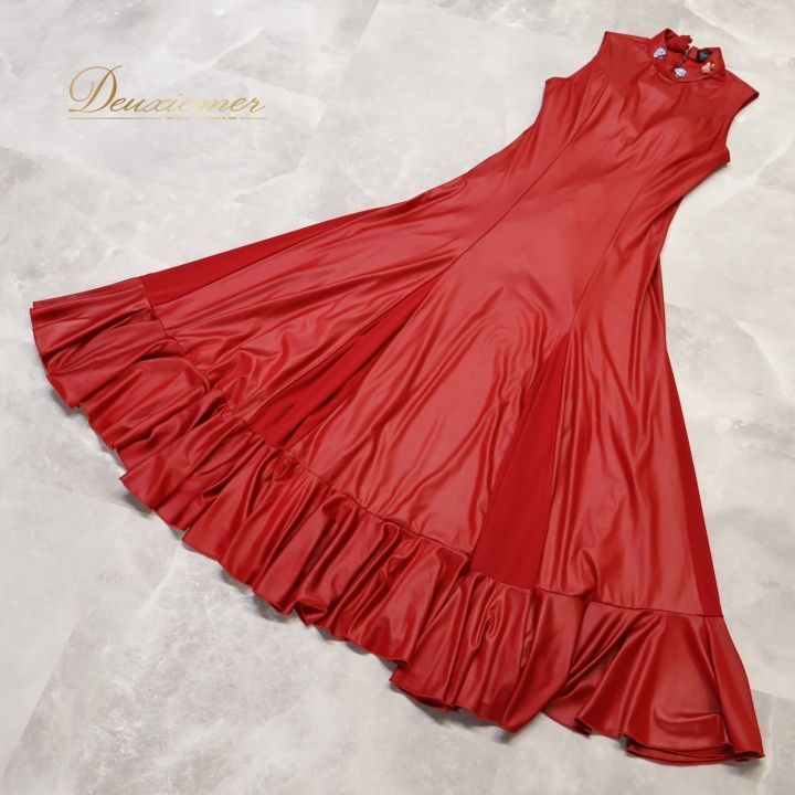 フラメンコ 衣装 ワンピース ドレス レッド系 ノースリーブ シンプル