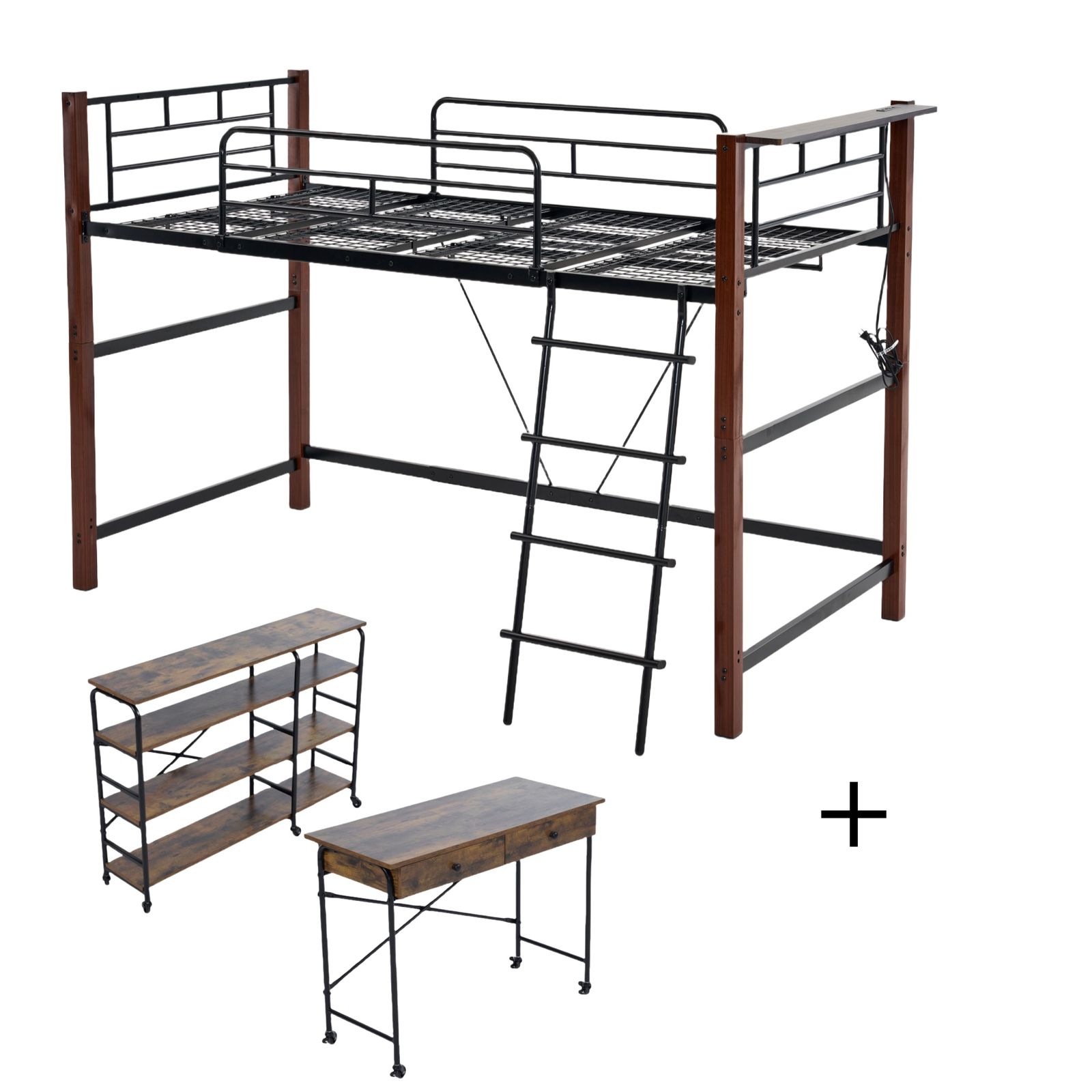 Homebliss 【高さ140cm， デスク+ラック付き】ロフトベッド パイプベッド シングル 耐荷重150kg システムベッド ロータイプ ミドルタイプ 棚 収納 北欧風  大人 一人暮らし ハンガーポール4本付属 