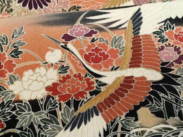 平和屋着物○豪華振袖 型染め 流水群れ鳥草花文 暈し染め