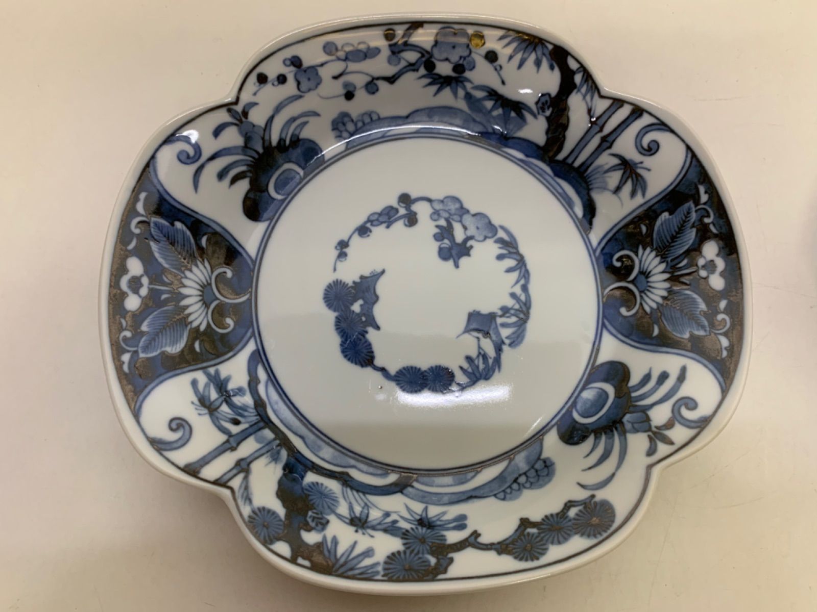 【未使用】美濃焼　龍峰窯　染付松竹梅木 瓜皿　5枚 昭和レトロ 花風流 美濃焼 龍峰窯 染付 松竹梅 唐草 木瓜皿 2枚セット 昭和レトロ 花風流