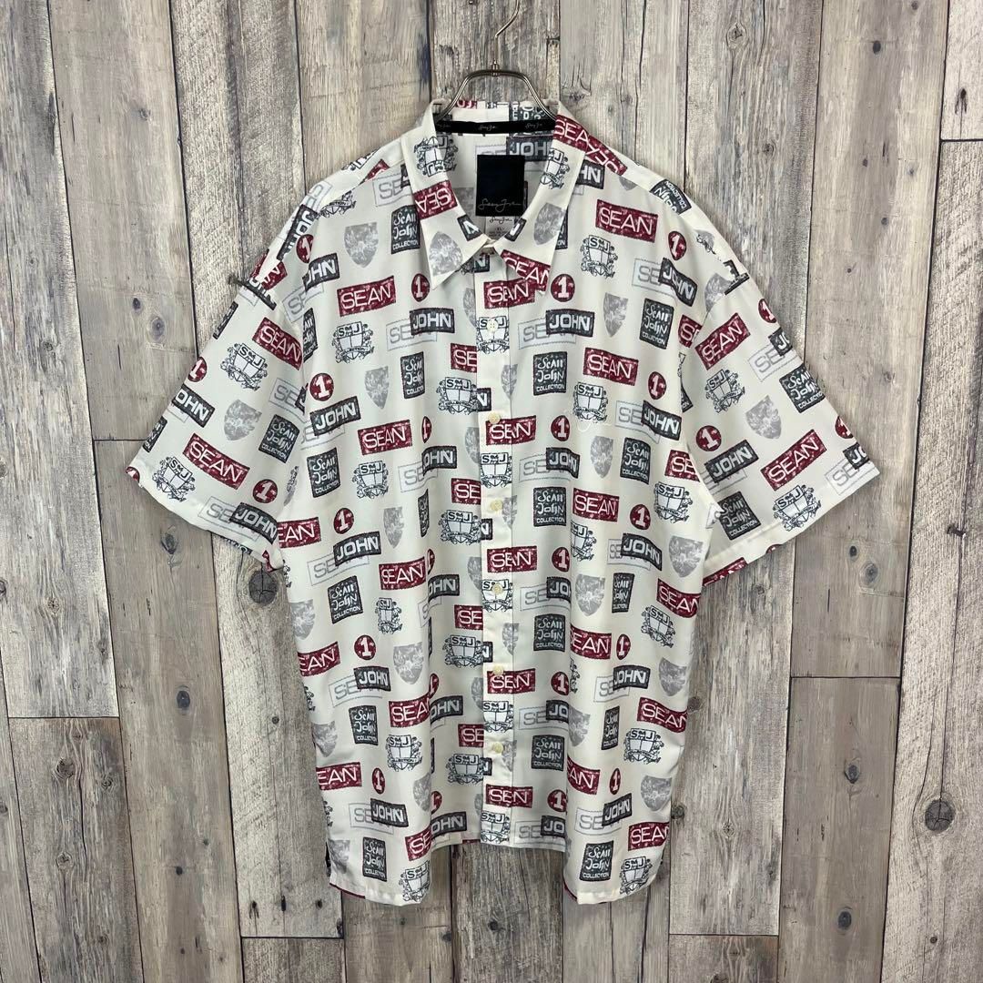SEAN JOHN ショーンジョン ロゴ 総柄 半袖 ドレス シャツ XL