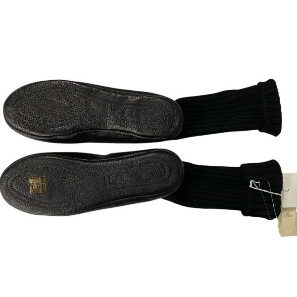 エルメス HERMES リブニットソックス レザーソール ルームシューズ 異素材 黒 ウール カシミア レザー SM レディース 5E079 DECORATOM_COM_BR