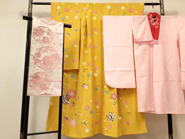 七五三 四ツ身女の子着物 正絹 仮絵羽 赤 豪華絞り 刺繍 片輪車 鴛鴦