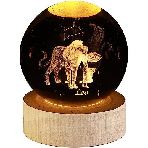 しし座（Leo） 水晶置物 クリスタル十二星座 風水置き物 雰囲気ライト 水晶玉 クリエイティブ置き物 木製土台 USB給電 ナイトライト 間接照明 おしゃれ クリスタル 子供 友達 恋人プレゼント 