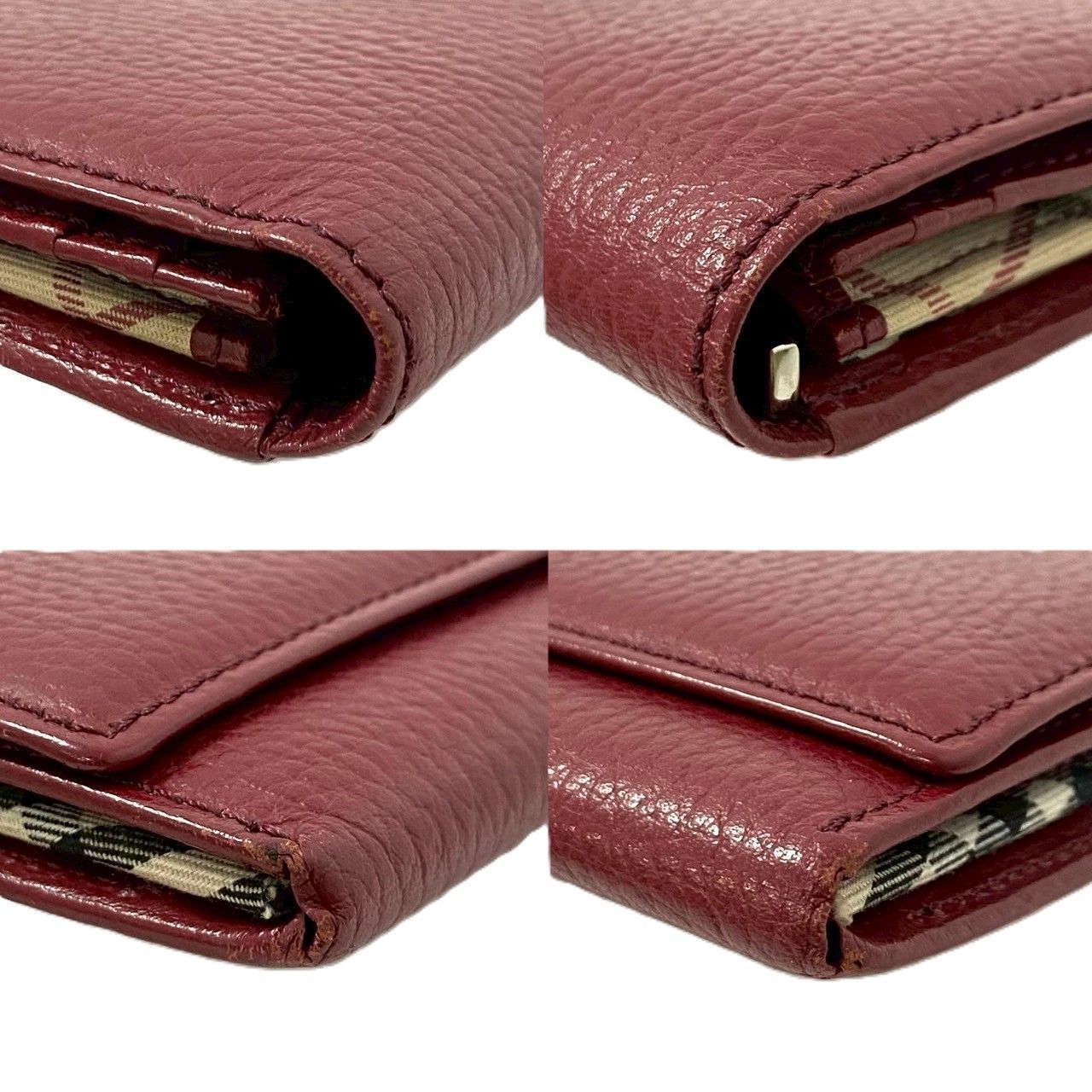 BURBERRY】長財布 レッド/赤 シボ革 レザー 中ノバチェック ロゴ 