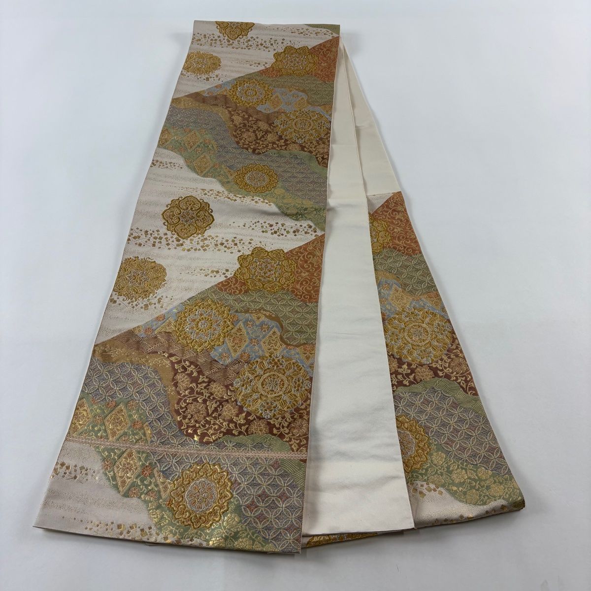 袋帯 美品 秀品 蜀江文 草花 金糸 箔 金色 六通 正絹 【中古】