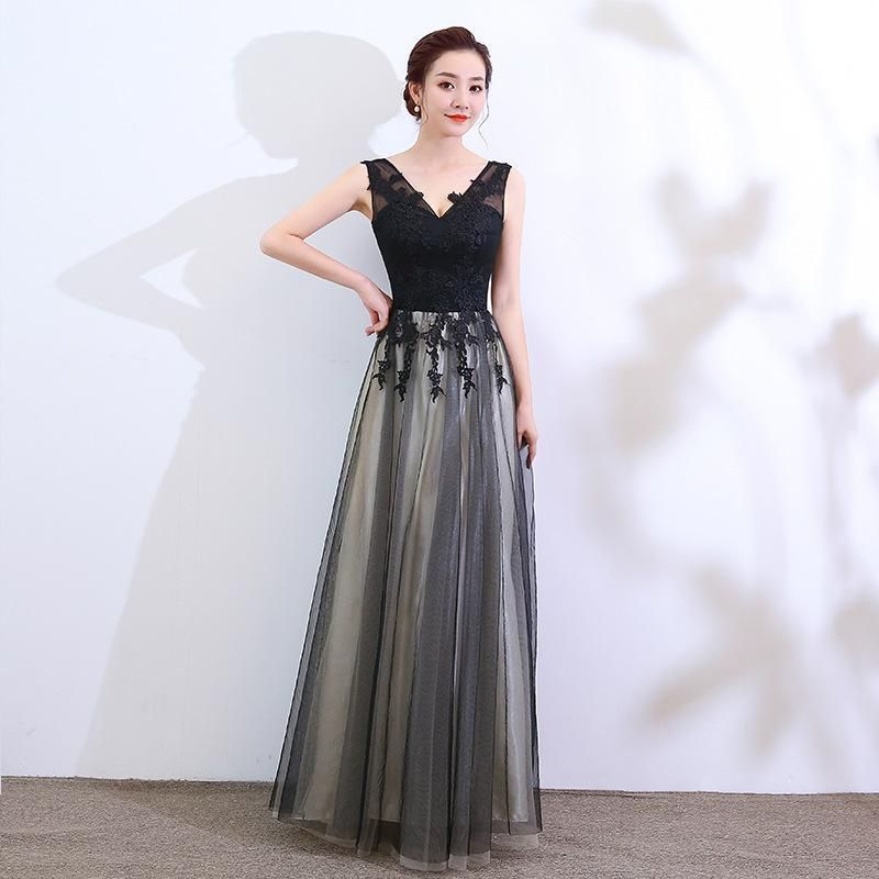 ロングドレス 演奏会 パーティードレスVネックレース 刺繍ドレス 結婚式 ロングワンピース ピアノ 発表会 お呼ばれ 二次会披露宴 フォーマル 上品大人 黒