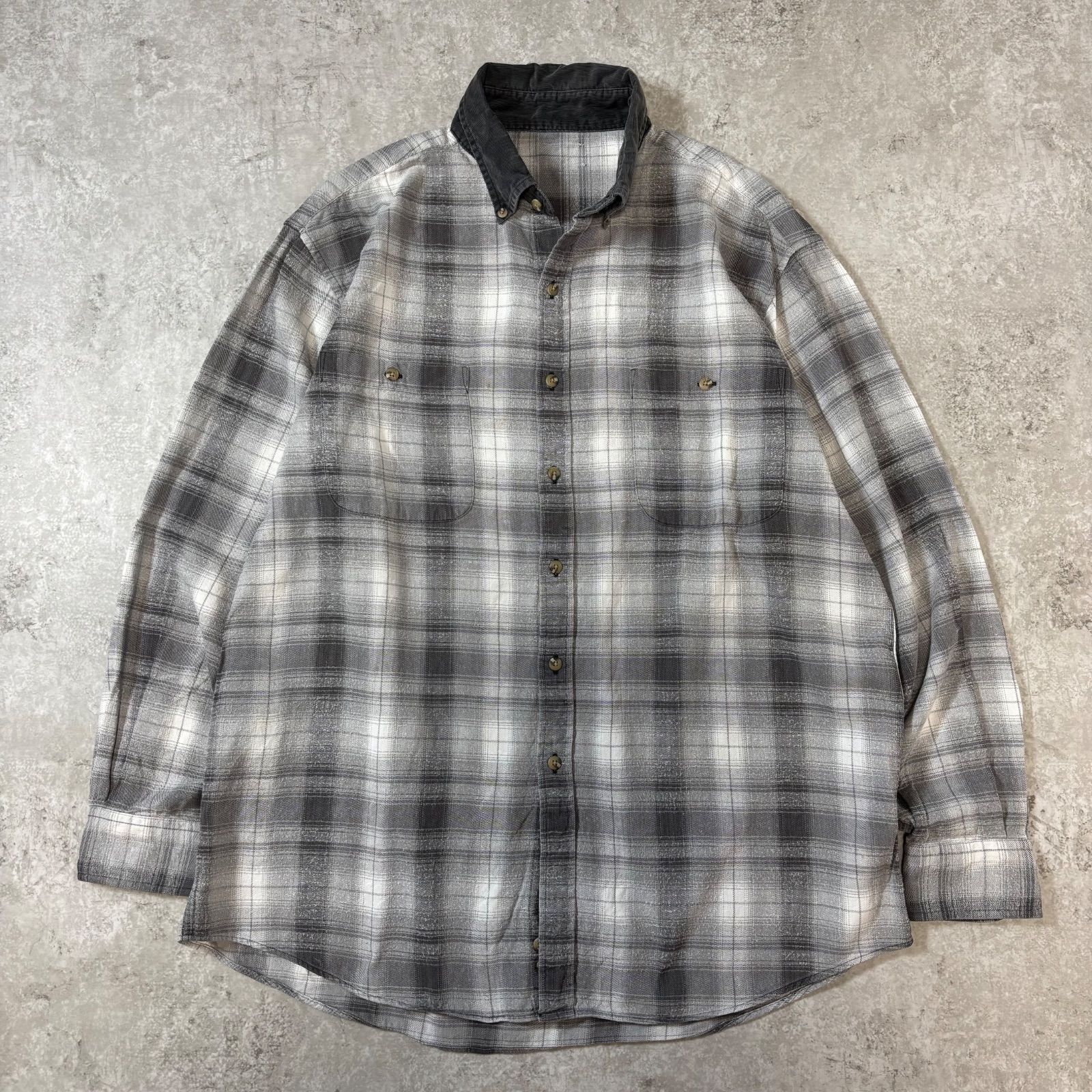 長袖シャツ　オンブレチェック　ゆるダボ　白　黒　古着 Old Ombre Check Shirt 