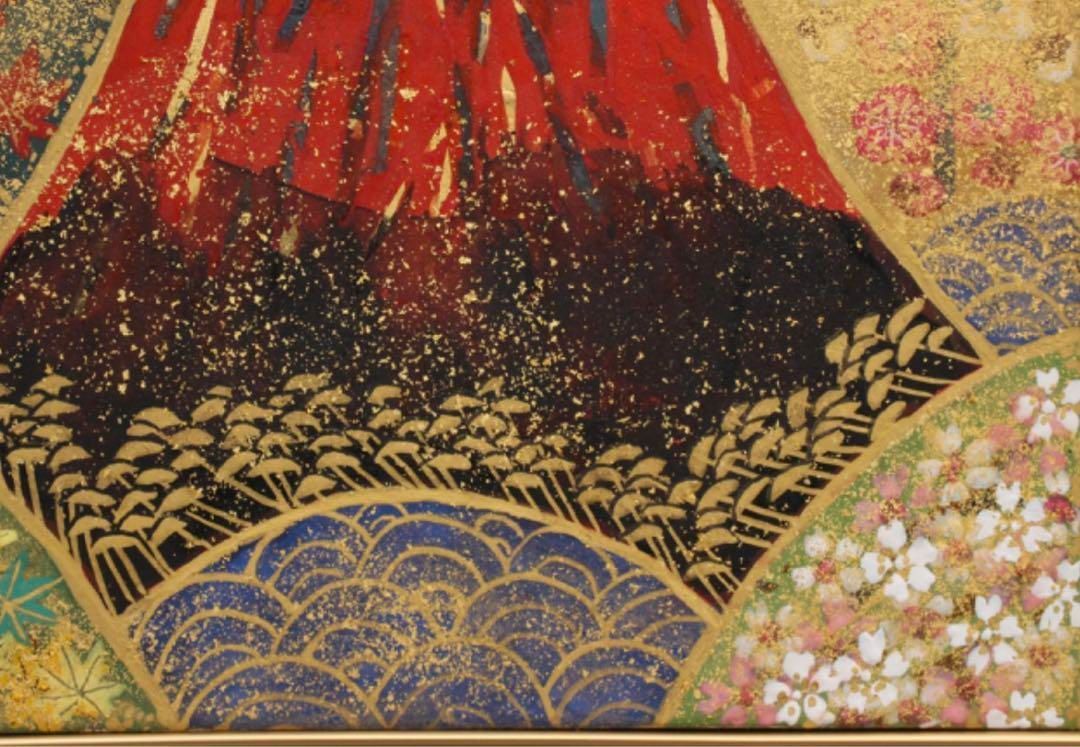 ・平松礼二 紙ミクストメディア 「朱丘春秋」24x24cm 共シール有タトウ箱 平松礼二 紙ミクストメディア 「朱丘春秋」24x24cm 共シール有