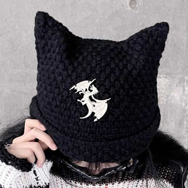 猫耳 ニットキャップ ワッフル ニット帽 レディース 地雷系 小物