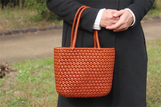 牛革 革編み込み 山葡萄風 六角花結び編み かごバッグ 籠 BAG バッグ