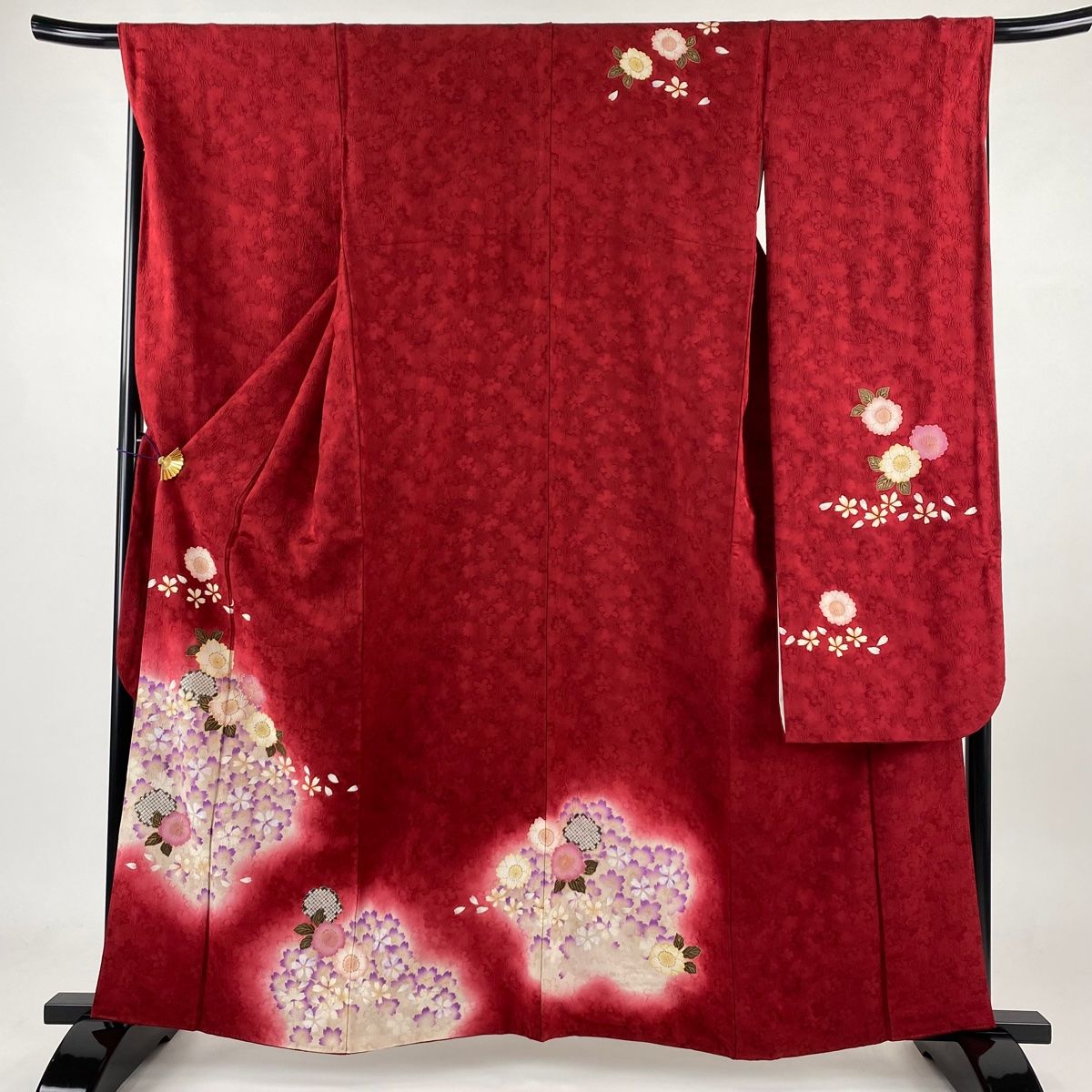 振袖 身丈161.5cm 裄丈68cm L 袷 桜 花びら 箔 金彩 赤 正絹 名品