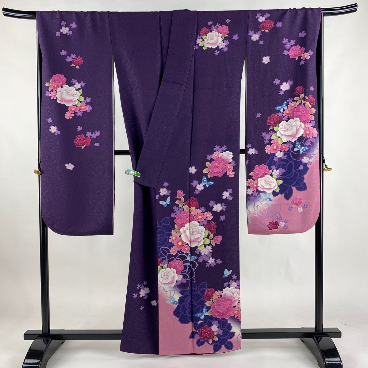 バイセル 着物 逸品 振袖 紫 薔薇 草花 金彩 銀通し 正絹 袷（10
