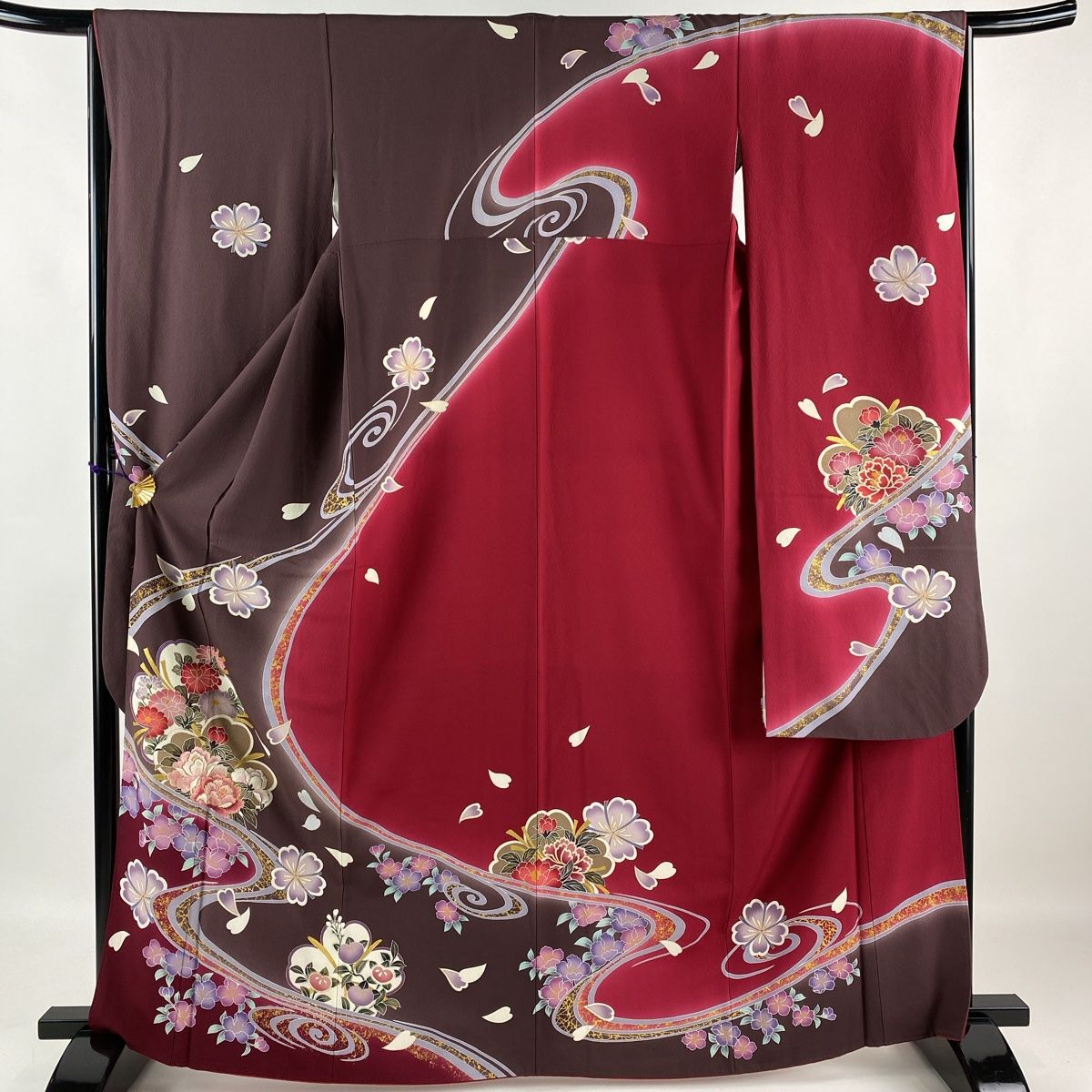 振袖 身丈164.5cm 裄丈66cm M 袷 桜 草花 刺繍 金彩 小豆色 正絹 美品  