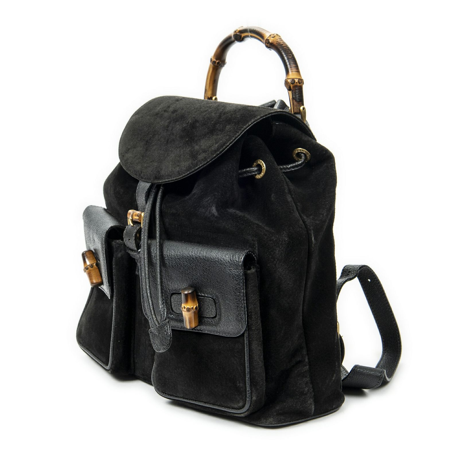 2025年新作アイテム登場。 GUCCI グッチラージバンブー リュックサック黒スエードレザーA