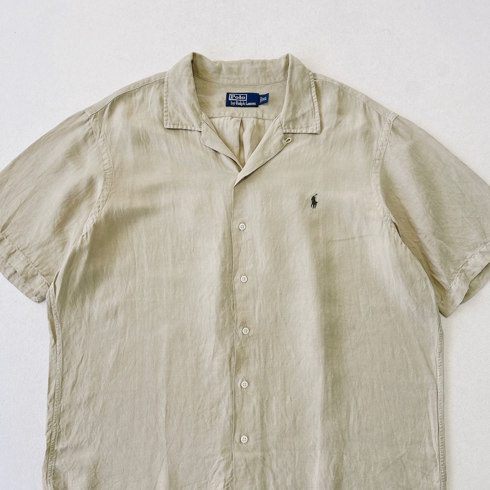 90s ラルフローレン オープンカラーシャツ リネン シルク ポニー刺繍