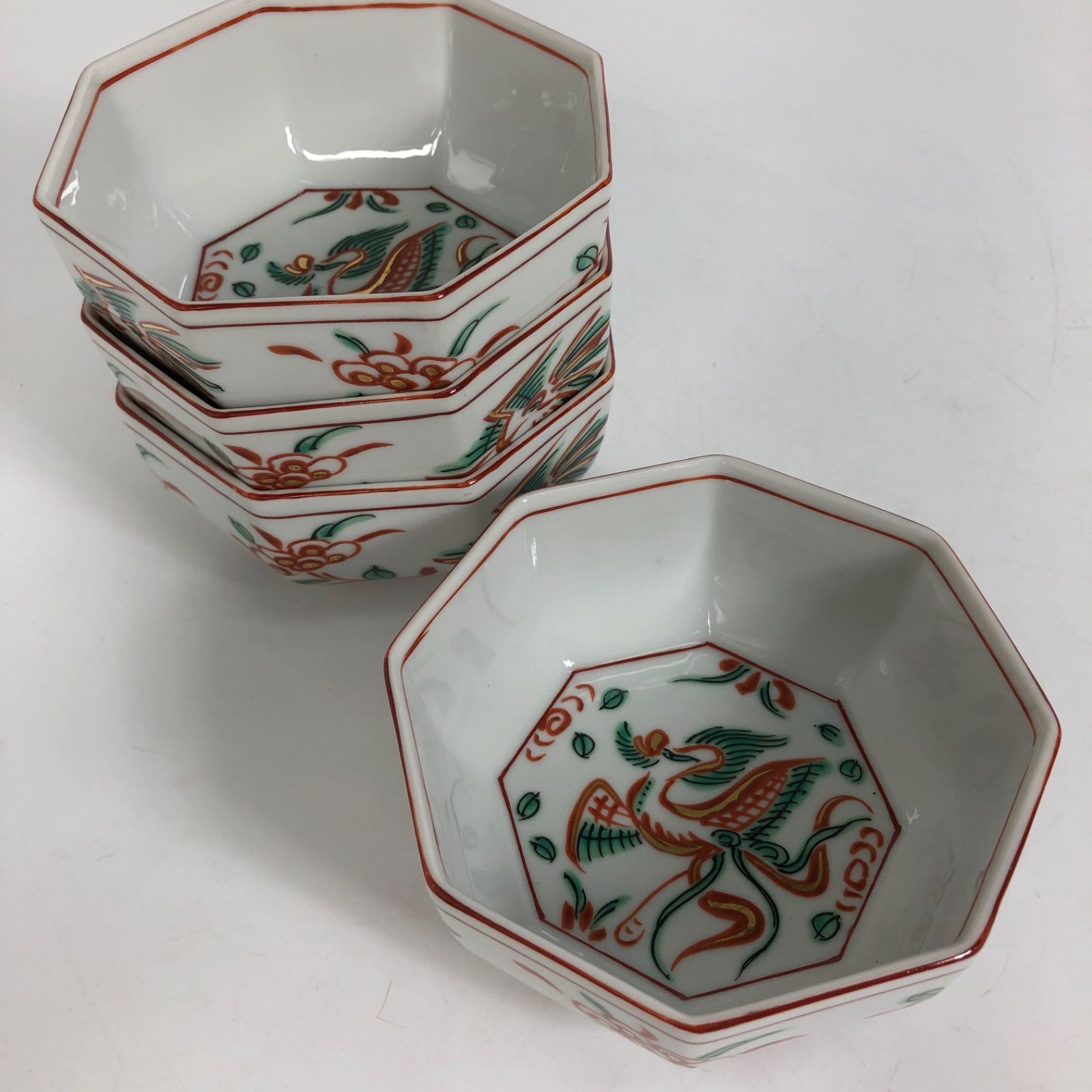 萬野美術館旧蔵　献上金欄手木瓜形平鉢+箱付き たち吉 八角形小鉢 鳳凰文様 4枚セット 和食器 和モダン 美品
