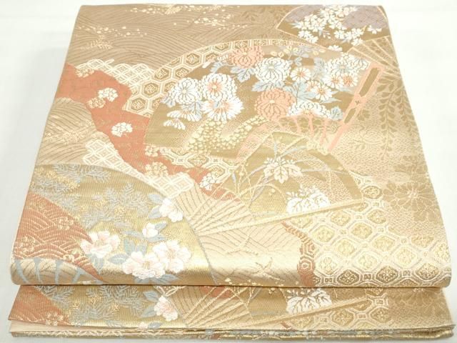 平和屋着物◎六通柄袋帯 唐織 扇面草花文 金糸 正絹 逸品 DAAX7895qa