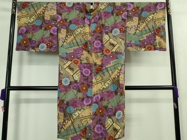 平和屋着物 上 長羽織 扇面 枝菊紋 鬼しぼ縮緬 ♥ DZAA9448kh5