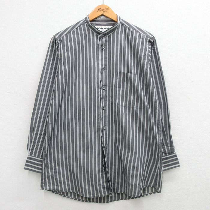 L/古着 長袖 シャツ メンズ ノーカラー グレー他 ストライプ 24feb20 中古 トップス