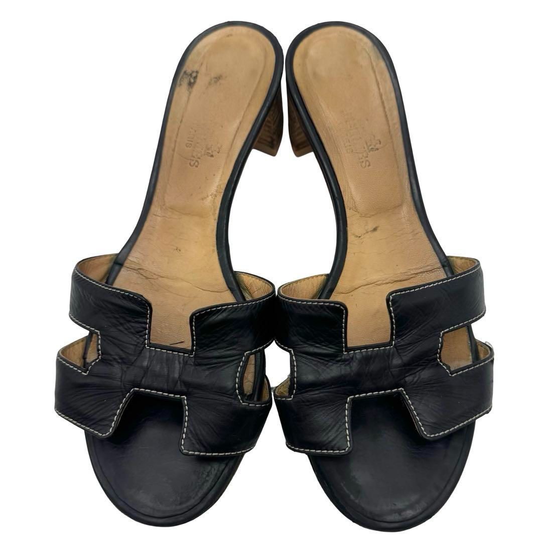 HERMES エルメス オアジス Oasis レザー ヒールサンダル ブラック 37.5 約24.5 cm MADE IN ITALY レディース
