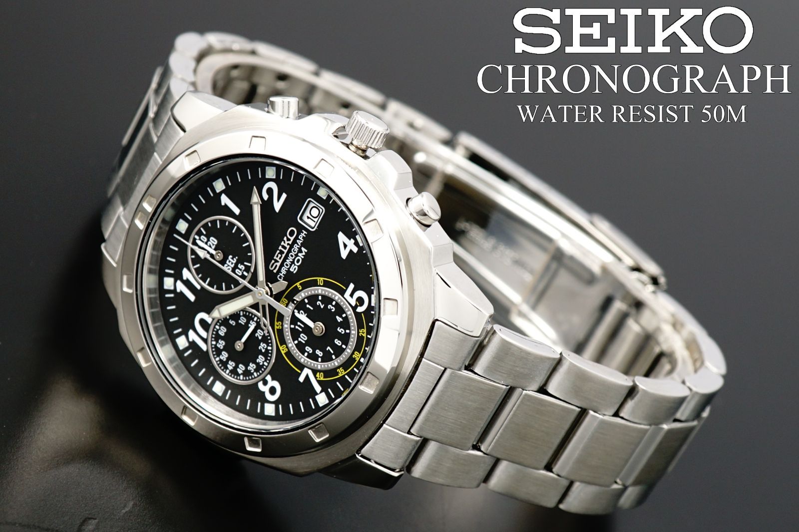 【美品/新品電池】 SEIKO クロノグラフ メンズ 腕時計 50M デイト SEIKO ・クロノグラフ ・クォーツ電池式・デイト表示・白文字盤｜Yahoo