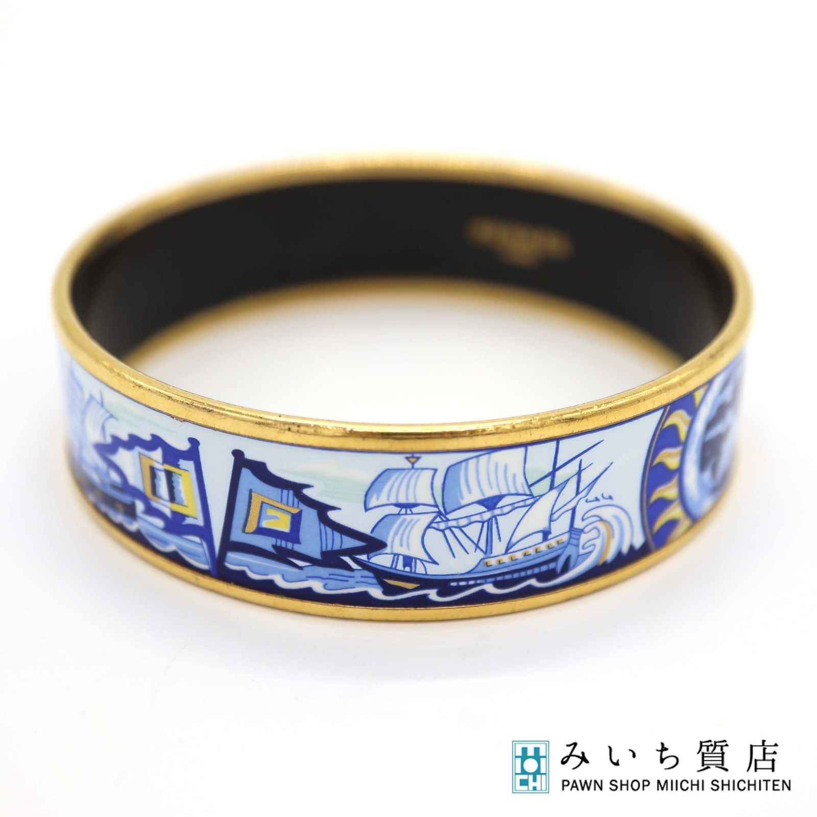 HERMES バングル エマイユ 七宝焼 青と金 象模様 金メッキ