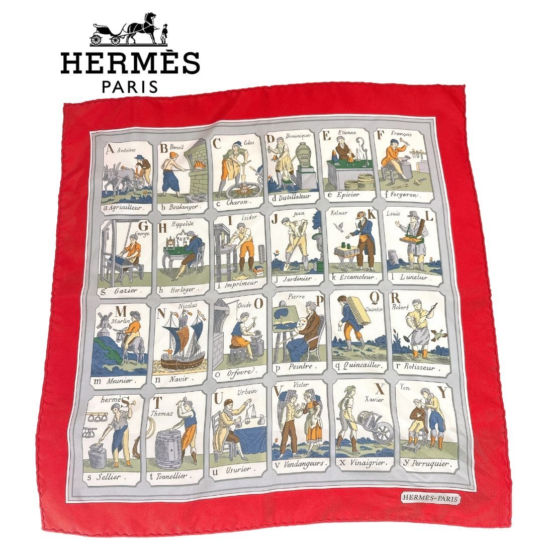 エルメス HERMES カレ45 プチカレ ミニスカーフ 仕事のいろは レッド エルメス HERMES カレ45 プチカレ ミニスカーフ 仕事のいろは レッド