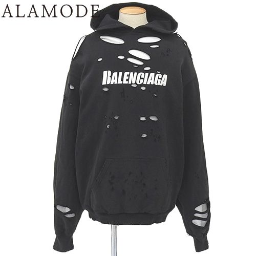 BALENCIAGA(バレンシアガ) デストロイフーディ パーカー トップス アパレル ファッション ダメージ加工 ロゴ M コットン ブラック黒 659403 メンズ 40802117737【中古】【アラモード】