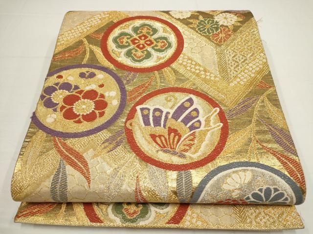 平和屋着物▽佐賀錦 六通柄袋帯 花蝶丸文 金糸 正絹 逸品 AABA8470wj