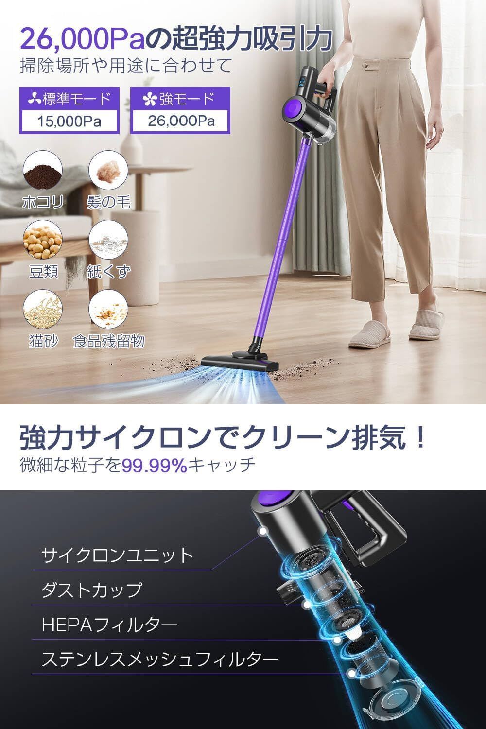 コードレス掃除機 26000pa サイクロン式 ハンディクリーナー 多機能