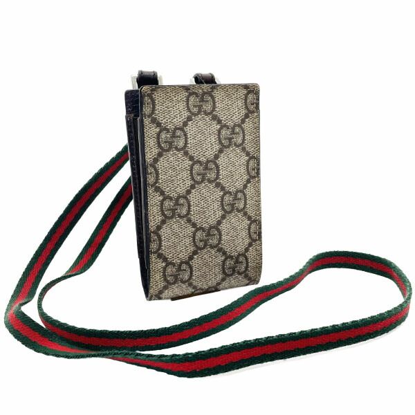 グッチ 携帯ケース シェリーライン GGプラス 携帯ポーチ PVC ベージュ グリーン 緑 レッド 赤 125848 GUCCI ウェビング ネックストラップ 携帯入れ 小物入れ モバイルポーチ ポーチ ブランド小物