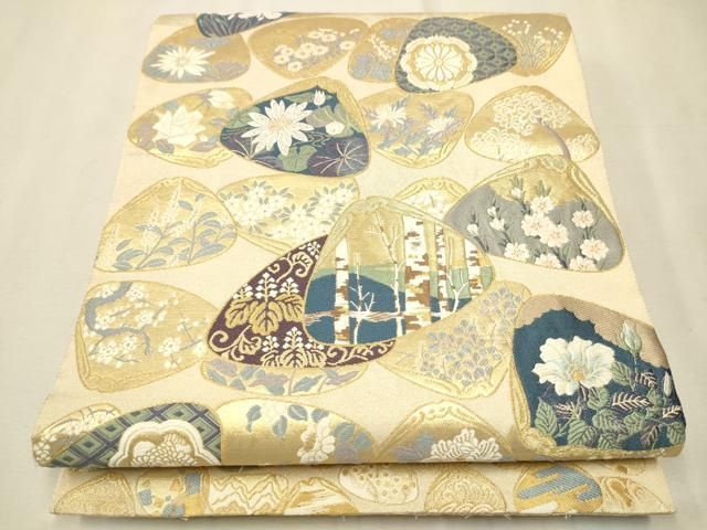 平和屋着物●六通柄袋帯　唐織　三十六花選貝合せ　金糸　正絹　逸品　CAAT8057hy 平和屋着物○六通柄袋帯 唐織 三十六花選貝合せ 金糸 正絹 逸品