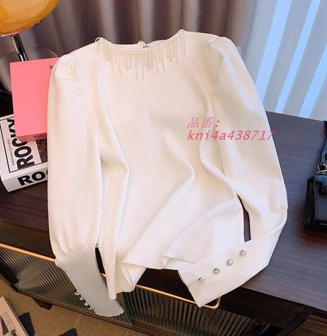 袖パール ニット レディース 秋冬 モックネック カジュアル 長袖 白 黒 スタンド シンプル ニットセーター トップス きれいめ 韓国 kni 4 a 438717