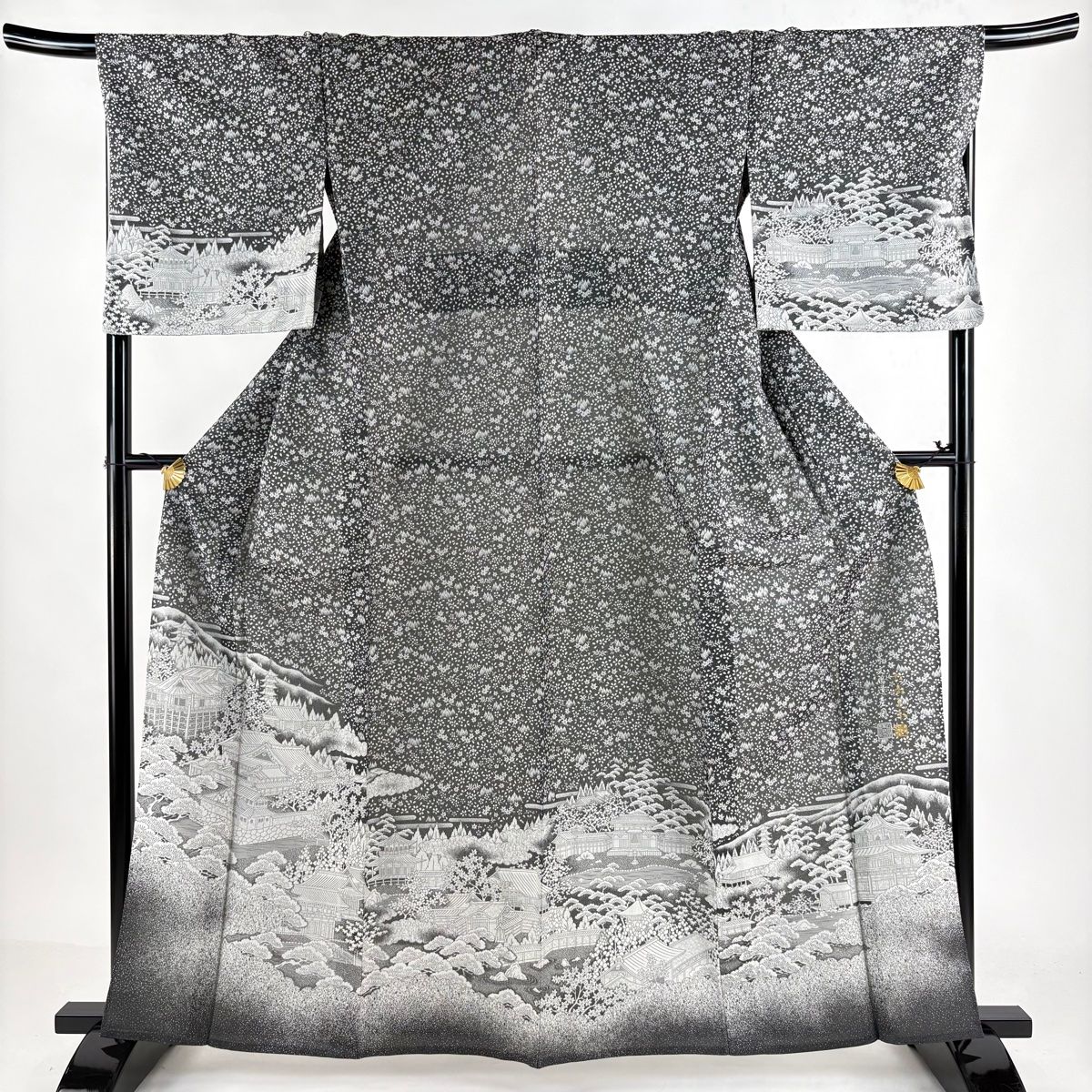 訪問着 身丈161.5cm 裄丈69cm L 単衣 お召地 落款 風景 建物 黒灰 正絹 名品