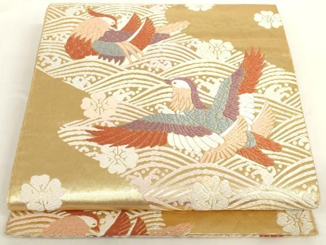 丸帯 正絹 全通柄 染 流水花筏文 濃紺 しつけ糸あり 昭和レトロ